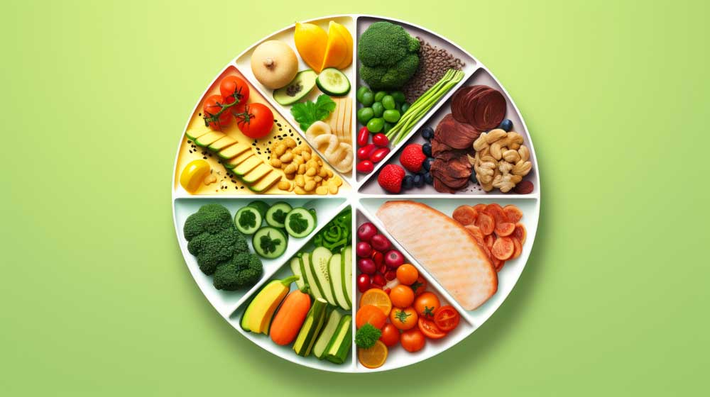 circular plate with healthy food and green background